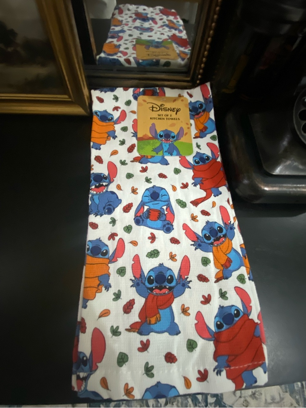 Disney Blue Stitch Holiday kitchen towels with Red & Orange Accents